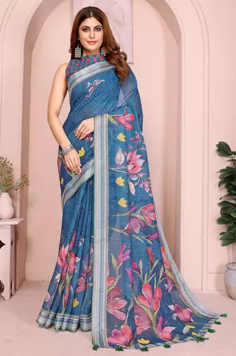 Teal soft linen cotton printed silk saree with woven border