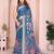 Teal soft linen cotton printed silk saree with woven border
