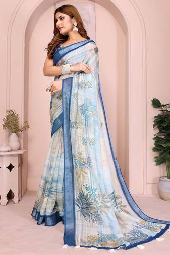 White soft linen cotton printed silk saree with woven border