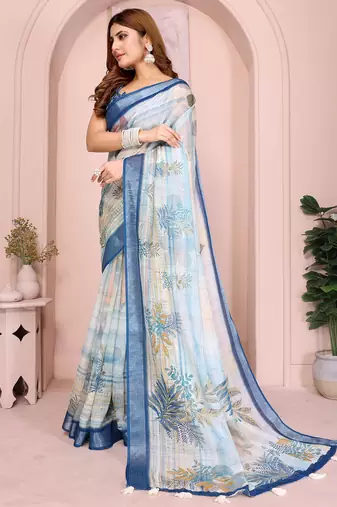 White soft linen cotton printed silk saree with woven border
