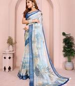 White soft linen cotton printed silk saree with woven border