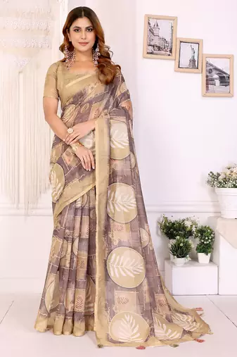 Beige chanderi cotton printed saree with zari woven border