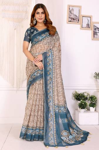 Beige chanderi cotton printed saree with zari woven border