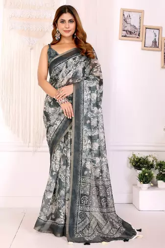 Black chanderi cotton printed saree with zari woven border