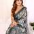 Black chanderi cotton printed saree with zari woven border