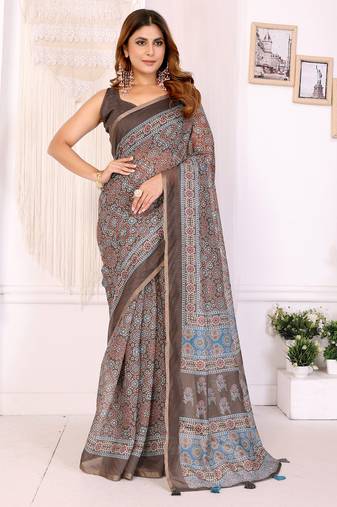 Brown chanderi cotton printed saree with zari woven border