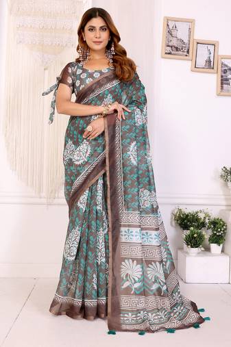 Brown chanderi cotton printed saree with zari woven border
