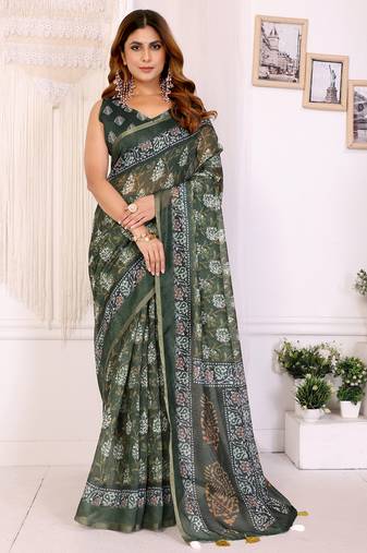 Dark green chanderi cotton printed saree with zari woven border