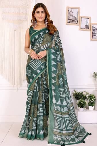 Green chanderi cotton printed saree with zari woven border