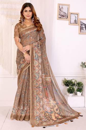 Mustard chanderi cotton printed saree with zari woven border