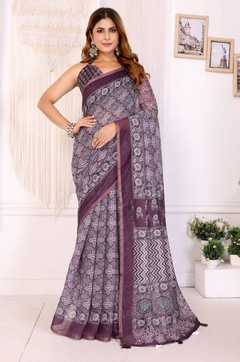 Purple chanderi cotton printed saree with zari woven border