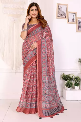 Red chanderi cotton printed saree with zari woven border