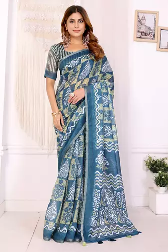 Teal chanderi cotton printed saree with zari woven border