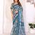 Teal chanderi cotton printed saree with zari woven border