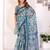 Teal chanderi cotton printed saree with zari woven border
