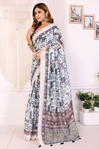 White chanderi cotton printed saree with zari woven border