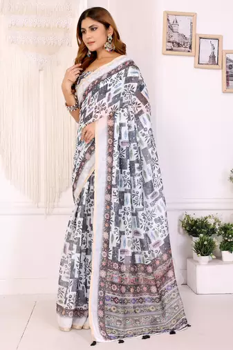 White chanderi cotton printed saree with zari woven border