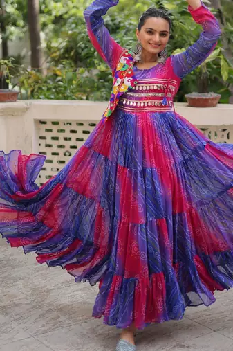 Purple faux georgette printed with kutchi patche work navratri flared gown