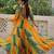 Yellow faux georgette printed with kutchi patche work navratri flared gown