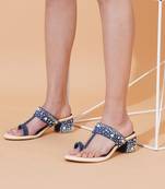 Blue embroidered block heels