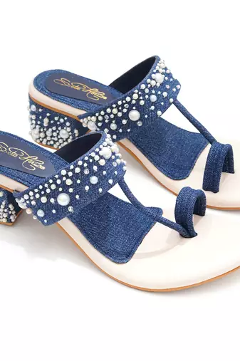 Blue embroidered block heels
