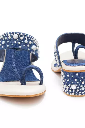 Blue embroidered block heels