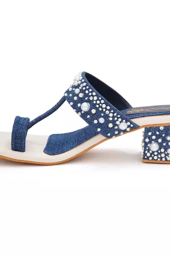 Blue embroidered block heels
