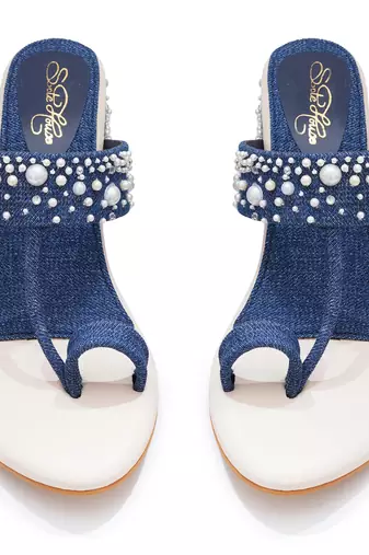 Blue embroidered block heels