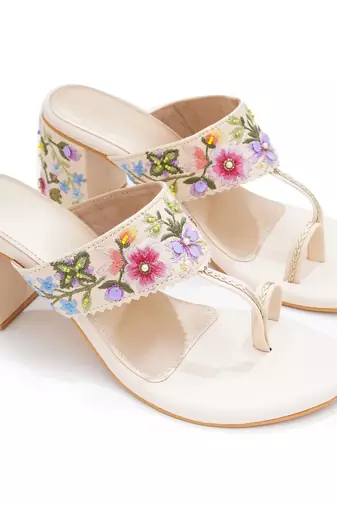 Multicolor embroidered block heels