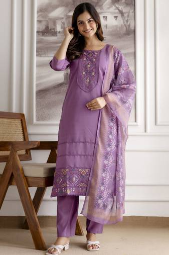 Purple Roman Chanderi Embroidery Kurta Pant with Dupatta Set