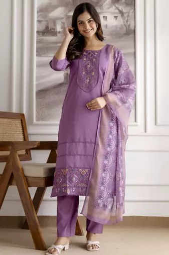 Purple Roman Chanderi Embroidery Kurta Pant with Dupatta Set