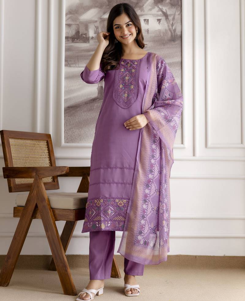 Purple Roman Chanderi Embroidery Kurta Pant with Dupatta Set