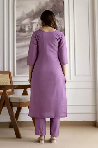 Trendmalls Purple Roman Chanderi Embroidery Kurta Pant with Dupatta Set