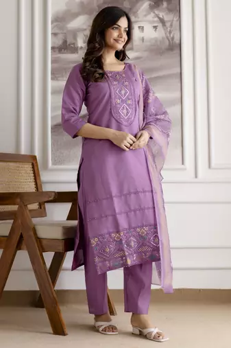 Trendmalls Purple Roman Chanderi Embroidery Kurta Pant with Dupatta Set