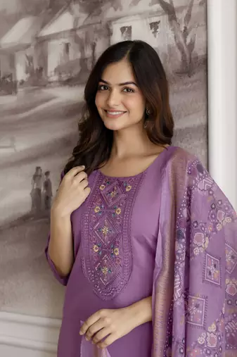 Trendmalls Purple Roman Chanderi Embroidery Kurta Pant with Dupatta Set