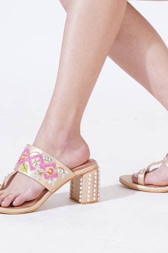 Multicolor peral embroidered leather block heels