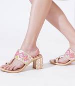 Multicolor peral embroidered leather block heels