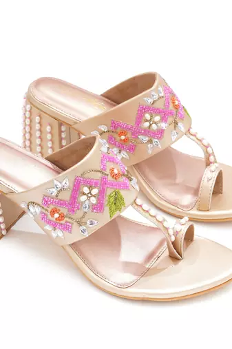 Multicolor peral embroidered leather block heels