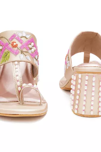 Multicolor peral embroidered leather block heels