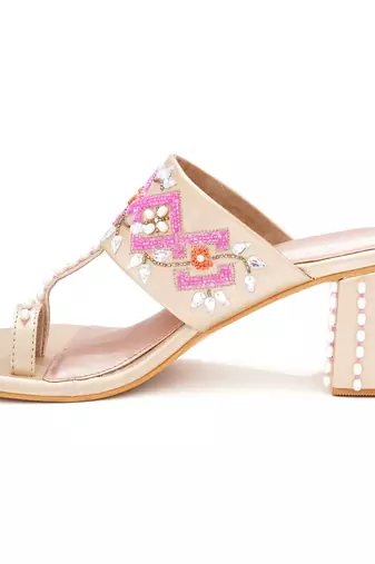 Multicolor peral embroidered leather block heels