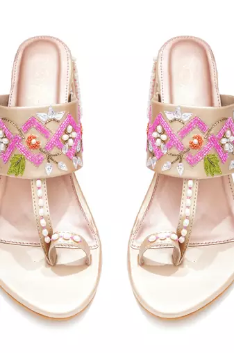Multicolor peral embroidered leather block heels