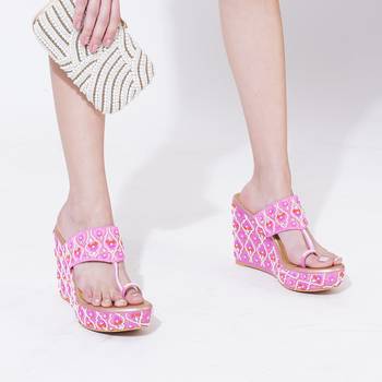 Pink mirror embroidered leather wedges 1