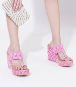 Pink mirror embroidered leather wedges