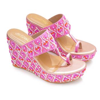 Pink mirror embroidered leather wedges 2