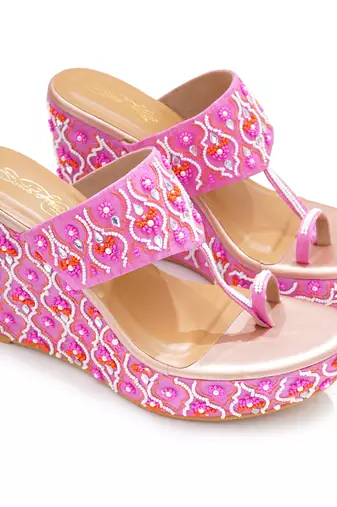 Pink mirror embroidered leather wedges