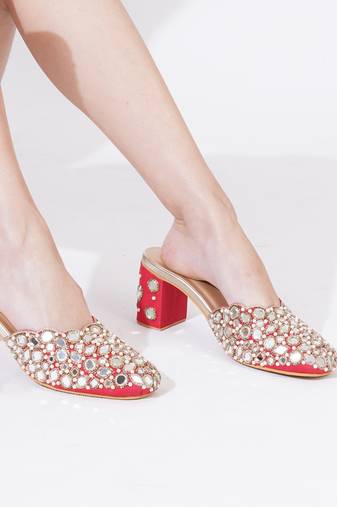Red mirror embroidered leather heels