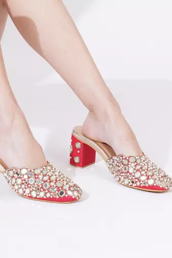 Red mirror embroidered leather heels