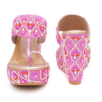 Pink mirror embroidered leather wedges 3