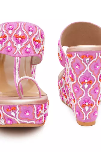 Pink mirror embroidered leather wedges