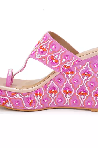 Pink mirror embroidered leather wedges